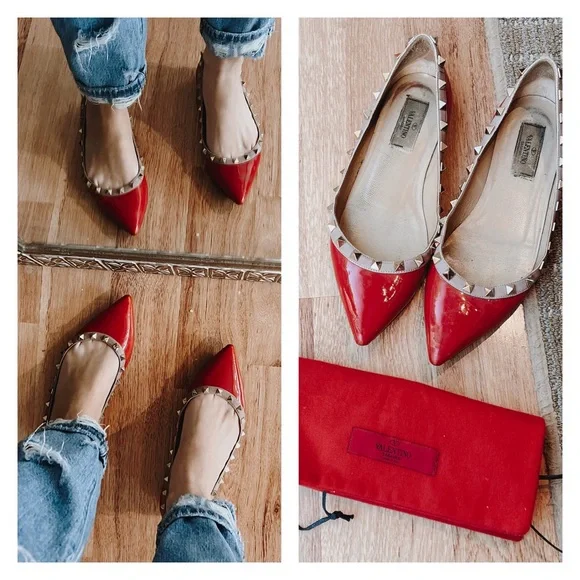 Valentino Garavani Rockstud red patent leather with studs pointed flats … - Picture 1 of 10